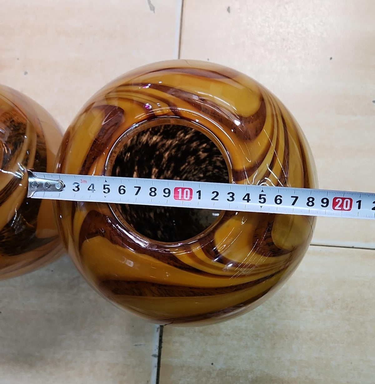 Handblown Amber Swirl Glass vase with caramel, brown, and smoke grey patterns