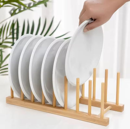 8-slot bamboo plate rack, natural wood kitchen organizer for plates, lids, and cutting boards. 🍽️🌿✨