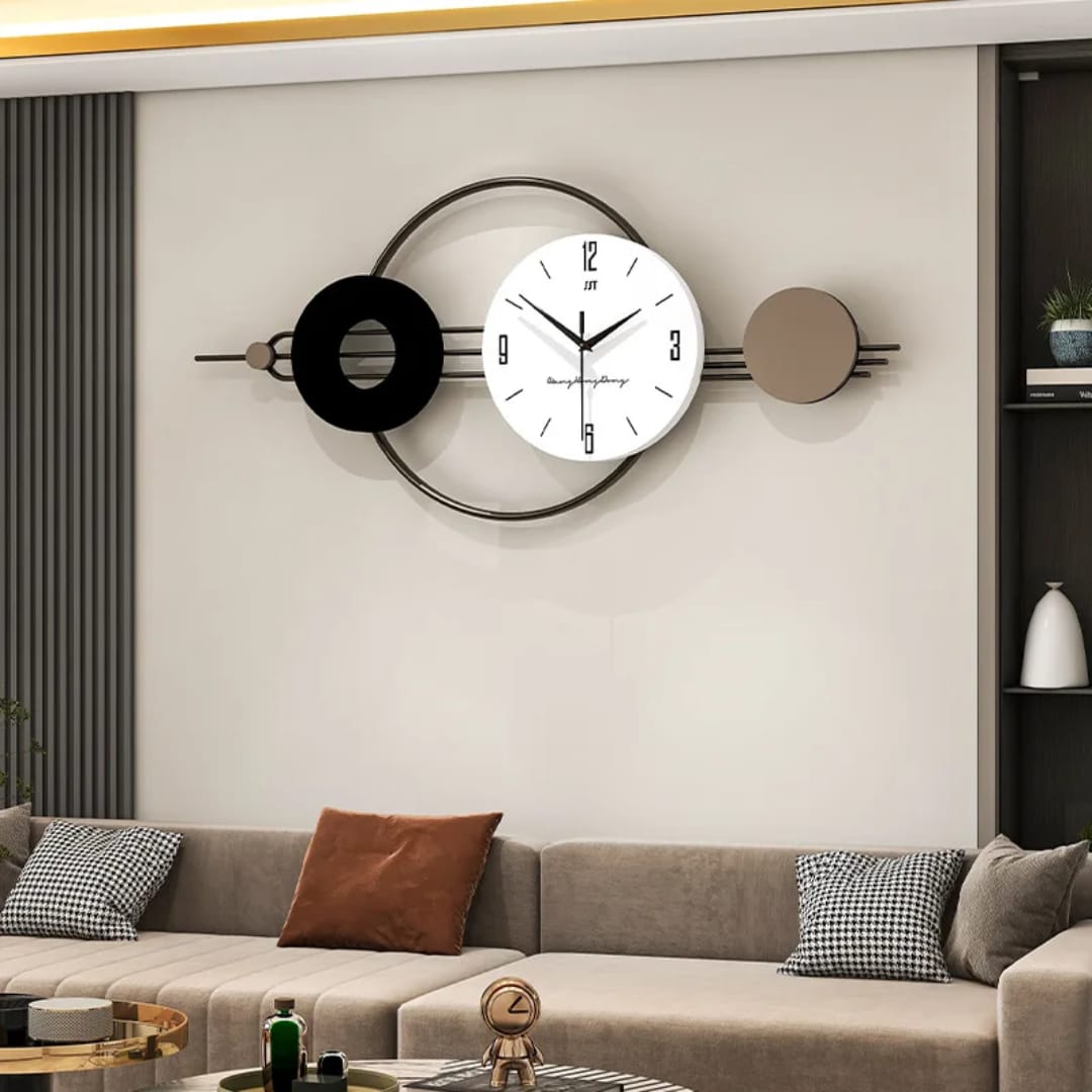 Large modern decorative wall clock with silent quartz movement, metal and MDF construction, 80cm x 37cm