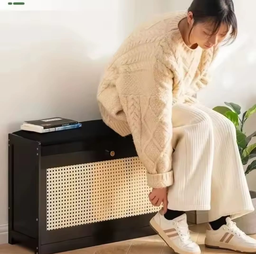 Wooden stool with flip-top bucket shoe storage cabinet for home entryway organization.