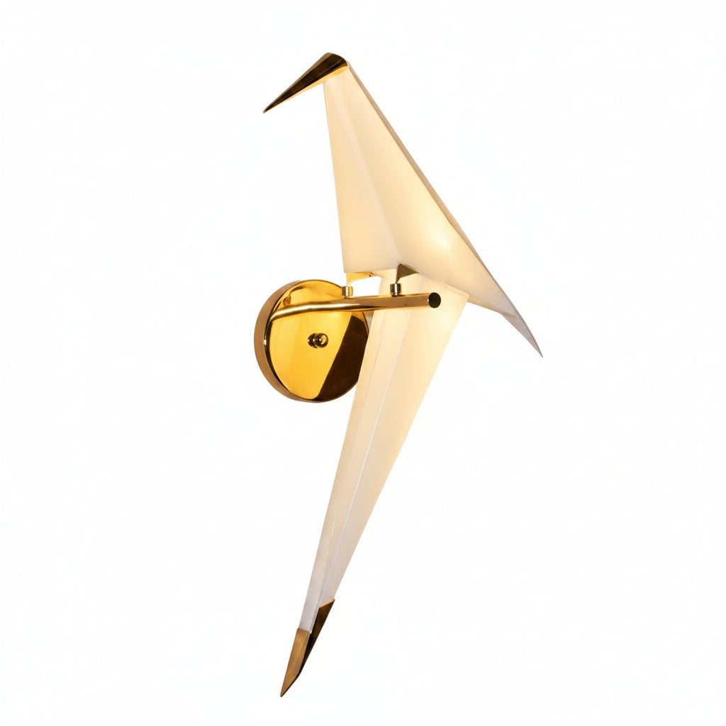 Dawood Lifestyle & Gadgets kes geometric origami bird wall sconce featuring a frosted white illuminated bird with polished gold accents, modern LED wall lamp for bedrooms, hallways, living rooms, hotels, and luxury interiors.