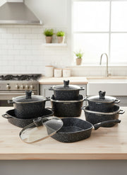 10-piece Square granite cast cookware set in gold, including pots, pans, and lids.