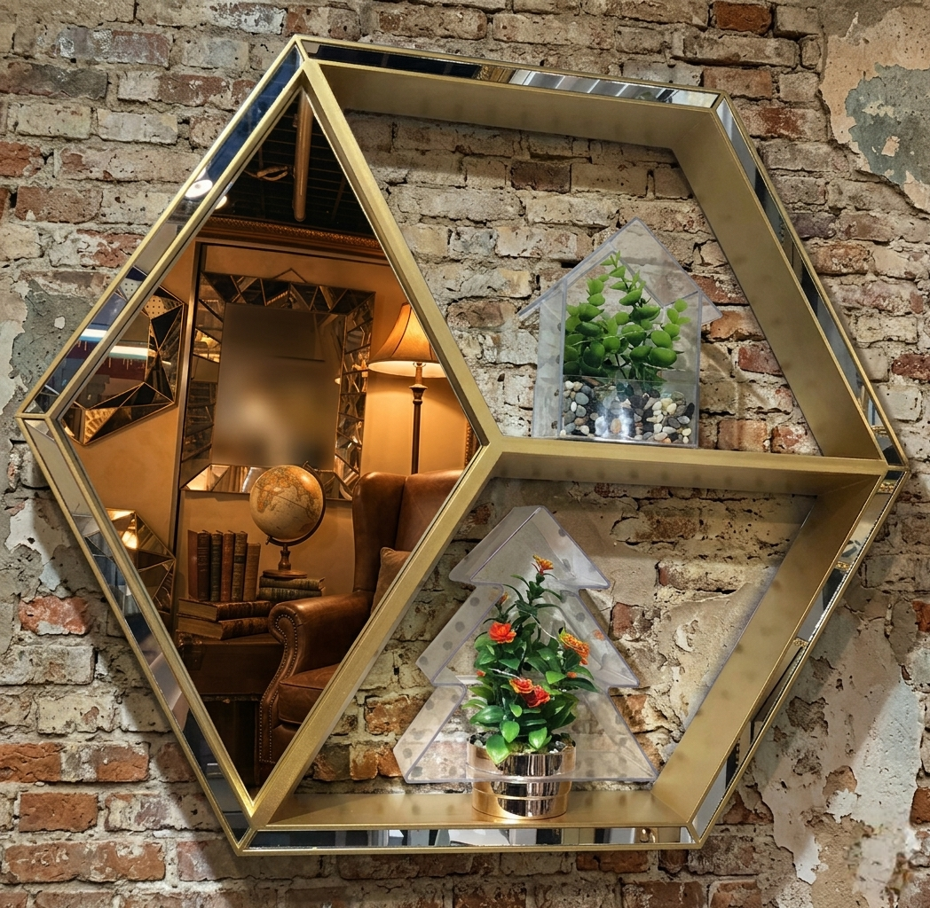 Gold Hexagon Wall Mirror With Display Shelves