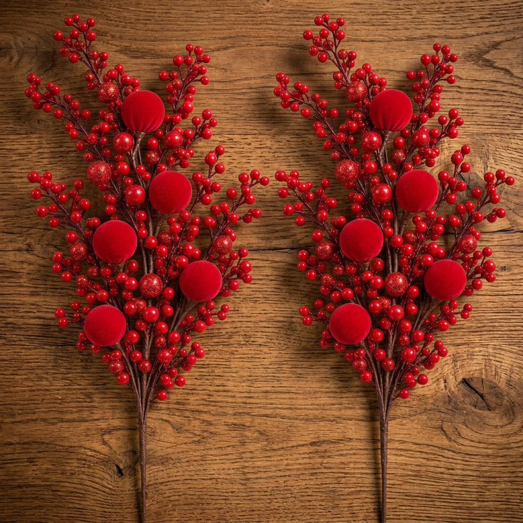 40cm Christmas Decorative Red Berry Spray with Velvet Balls for Vases, Centrepieces and Christmas Tree Decorations available in Nairobi, Kenya