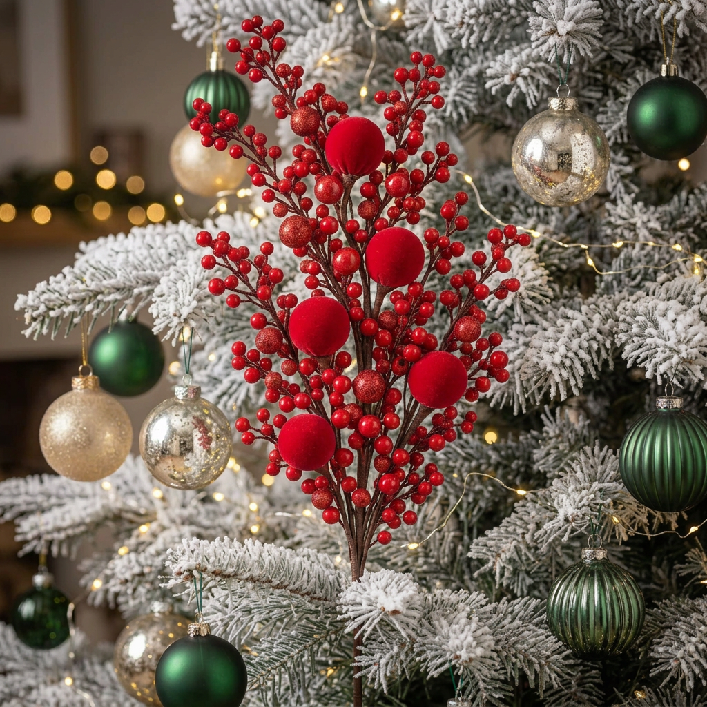2Pc 40cm Christmas Decorative Red Berry Spray with Velvet Balls