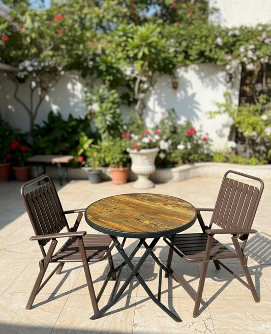 Foldable table with matching foldable chairs set.
