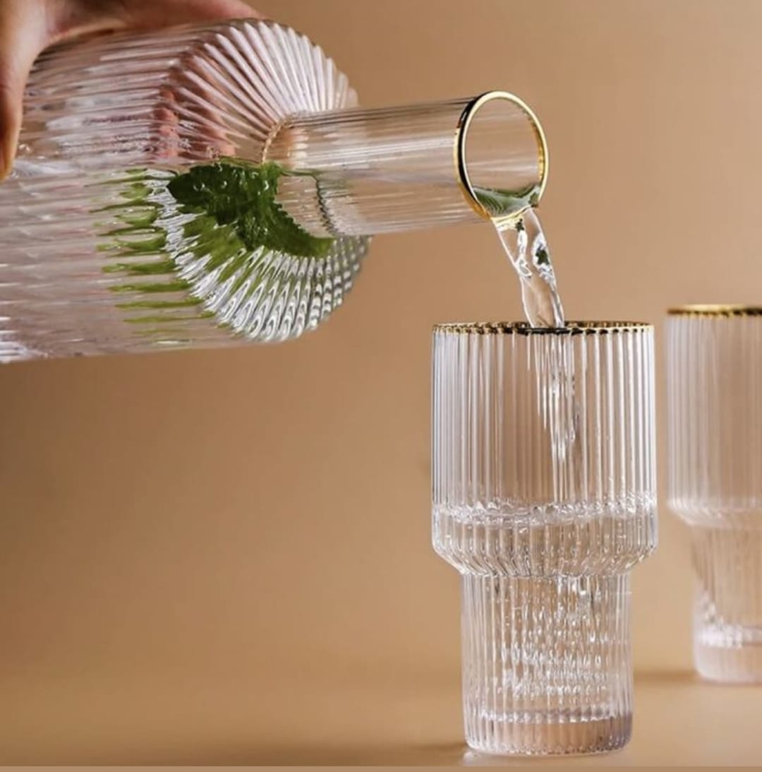 6Pc Ribbed glasses with gold rim  and decanter