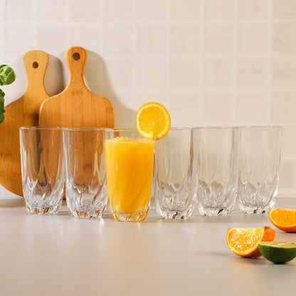 Set of 6 twisted design water glasses, 300ml capacity each.