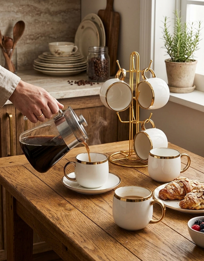Set of 6 pot shaped mugs with gold rim for tea and coffee