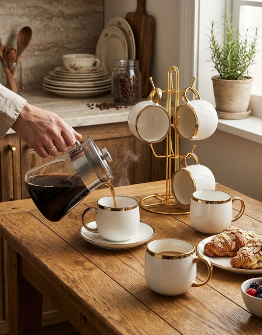 Set of 6 pot shaped mugs with gold rim for tea and coffee