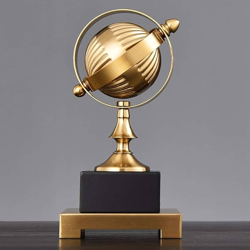 Modern metal globe decor ornament for home and office, stylish world globe decoration piece. 