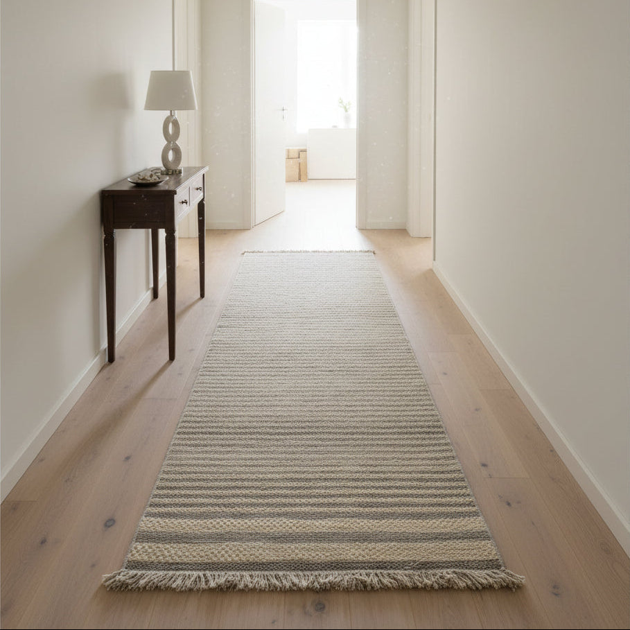 Dawood Lifestyle & Gadgets ke Oriental Weavers Kemet #9 beige grey horizontal striped corridor runner rug with jute-look texture and fringe
