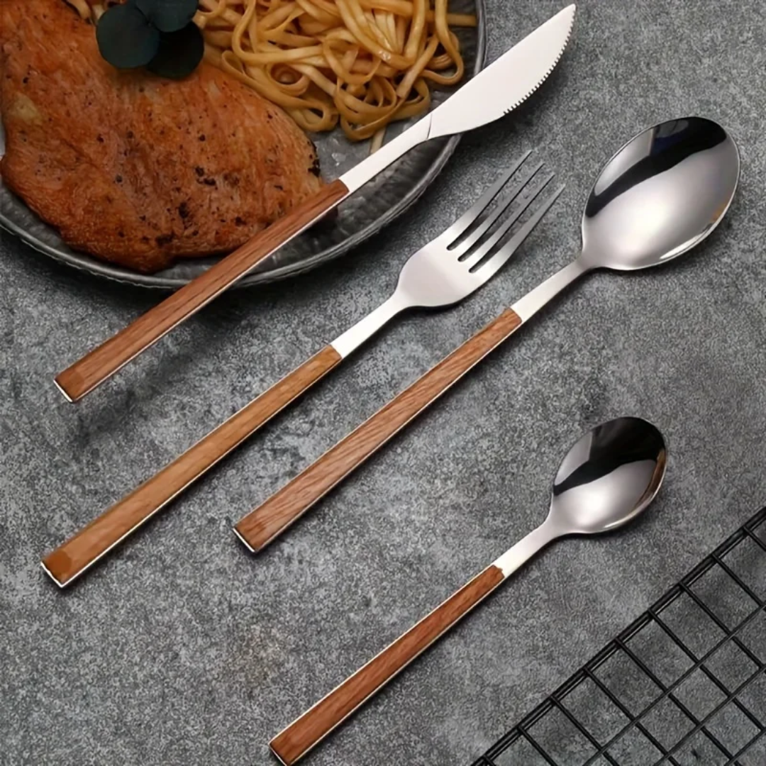 24 Pcs Silver Cutlery Set With Marroon Handle