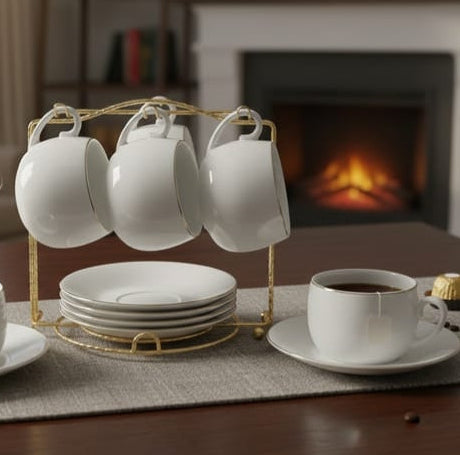 13 Piece tea and coffee set with 6 cups, 6 saucers, and golden stand for elegant serving
