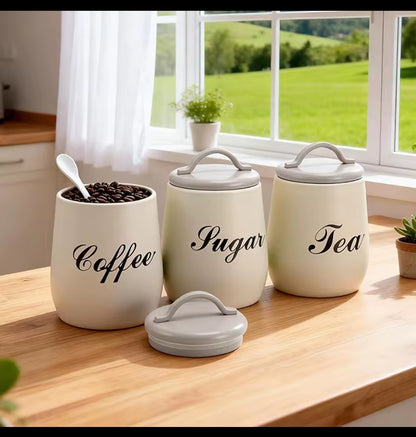 White alloyed metal sugar tea coffee canisters set for modern kitchen storage and organization