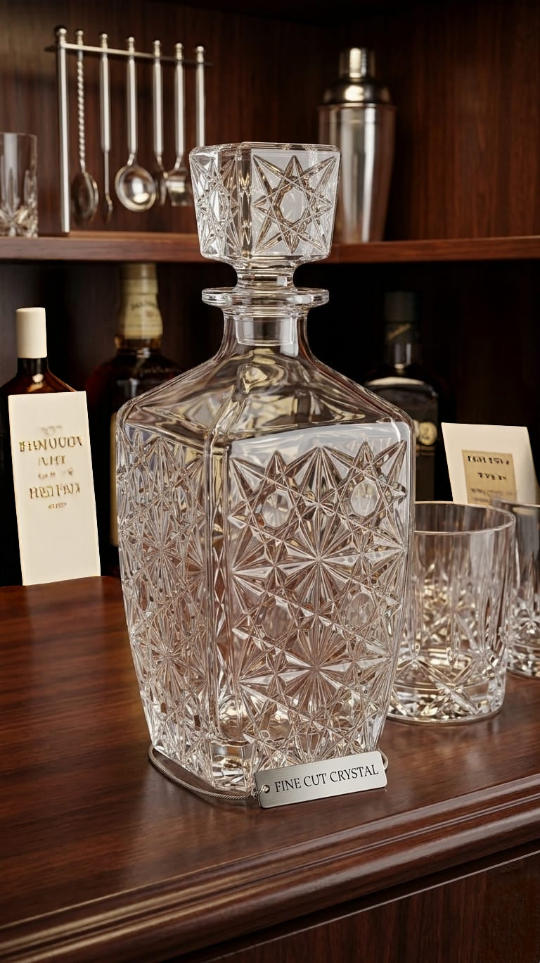 Large clear square glass decanter with 850 ml capacity