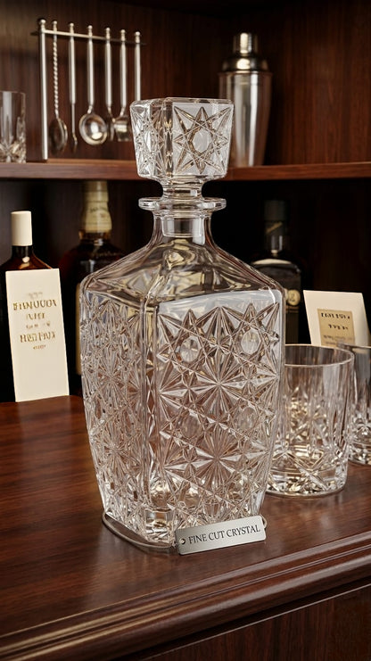 Large clear square glass decanter with 850 ml capacity