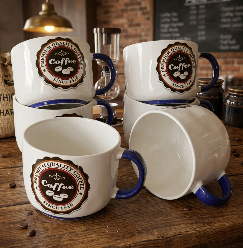 Set of six premium ceramic cups with 450 ml capacity for tea and coffee