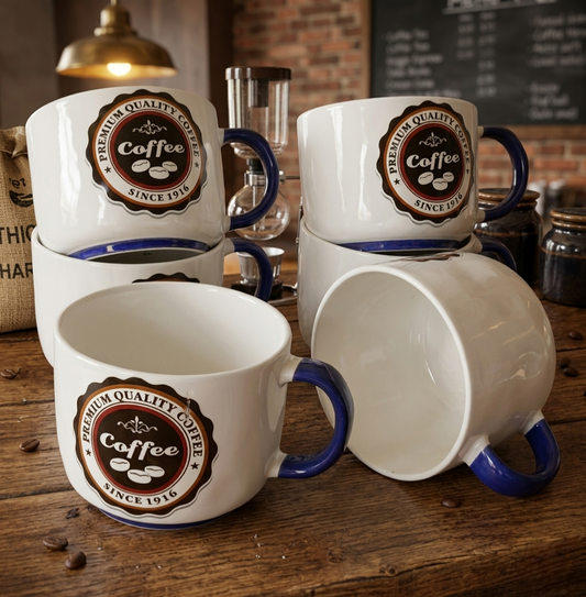 Set of six premium ceramic cups with 450 ml capacity for tea and coffee