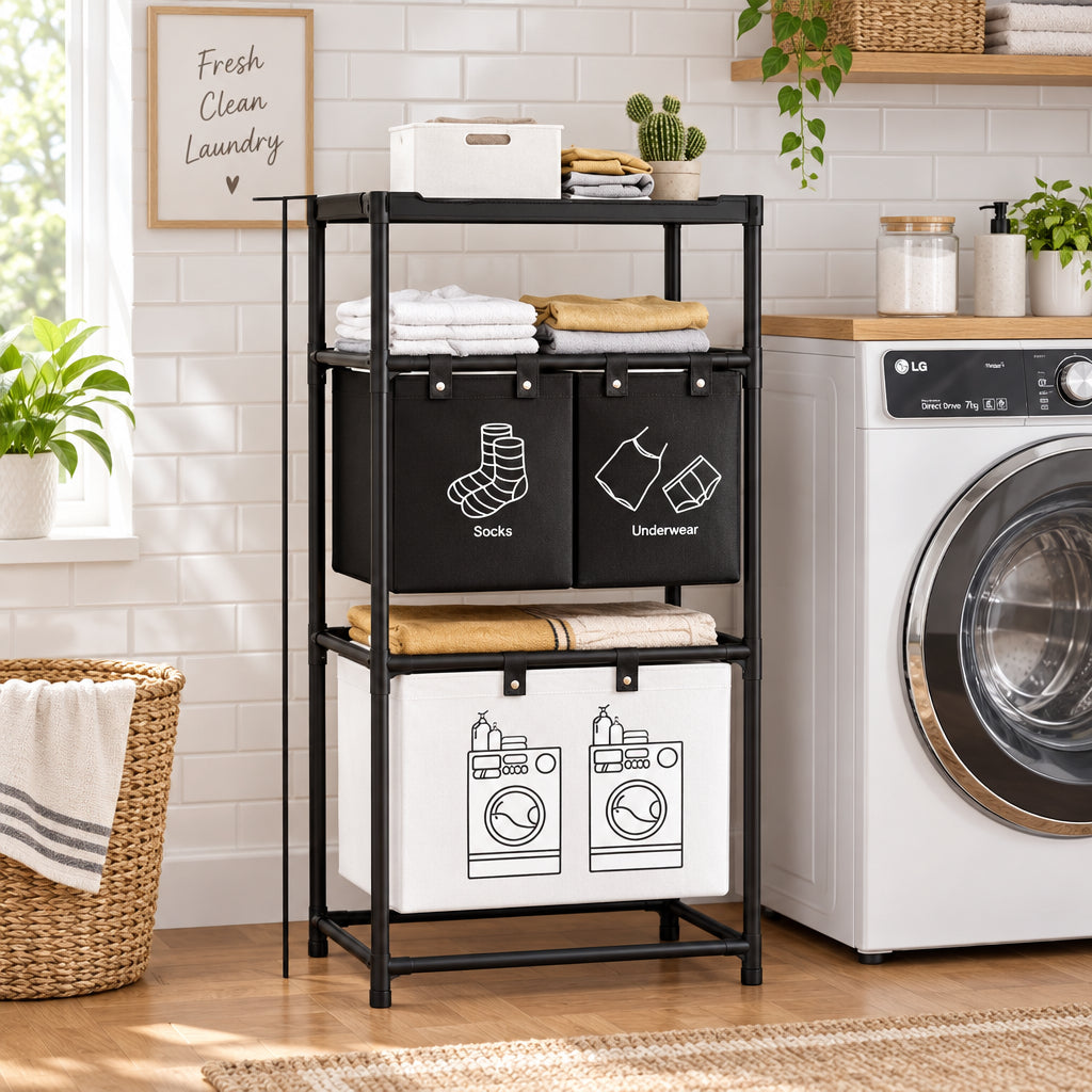 4 grid laundry basket with storage rack for sorting and organizing clothes.
