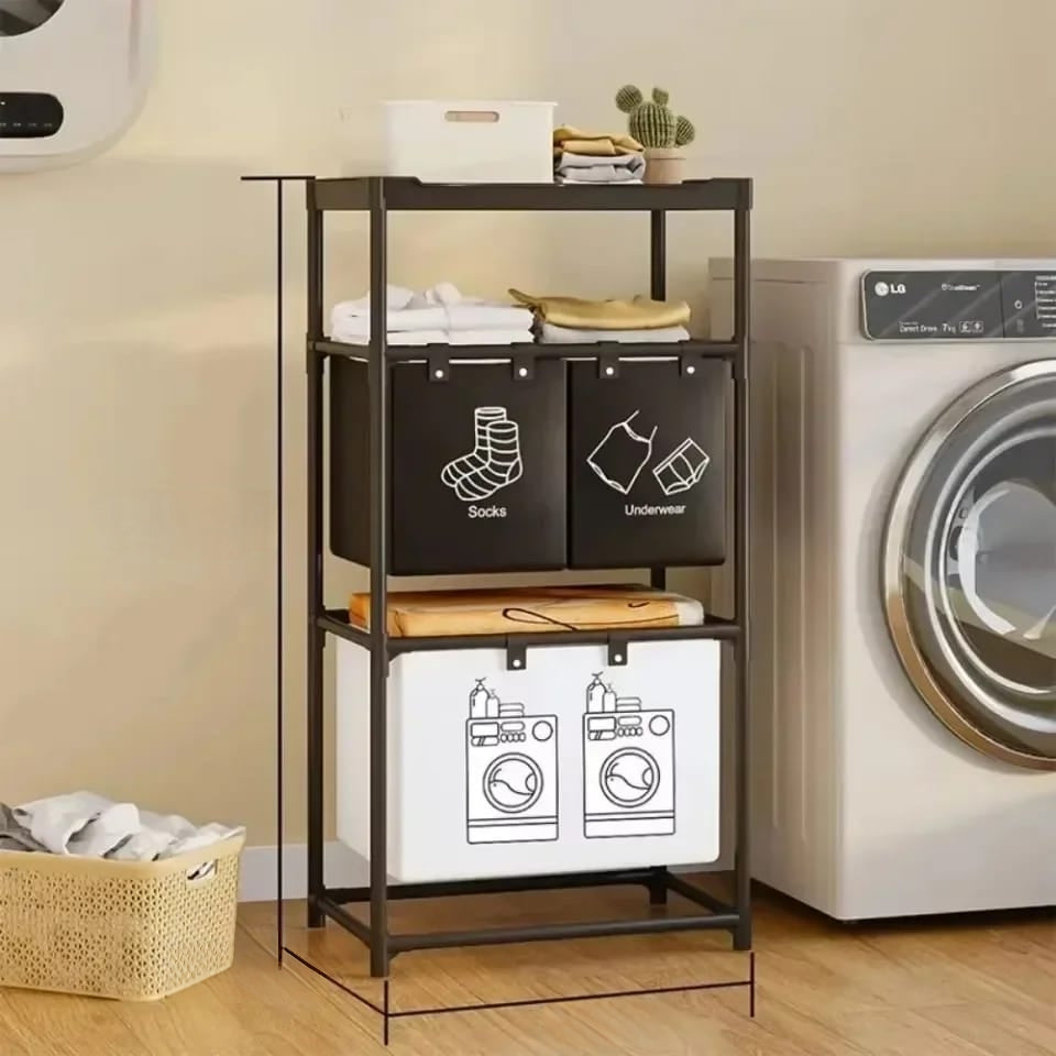 4 grid laundry basket with storage rack for sorting and organizing clothes.