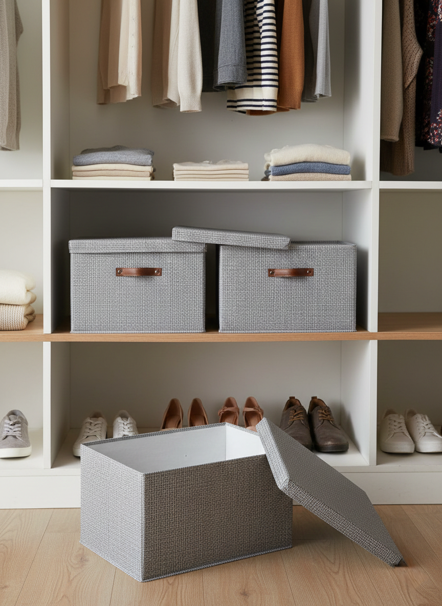 Foldable fabric storage box with lid measuring 45 x 35 x 25cm for wardrobe and closet organization
