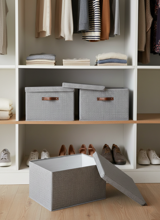 Foldable fabric storage box with lid measuring 45 x 35 x 25cm for wardrobe and closet organization