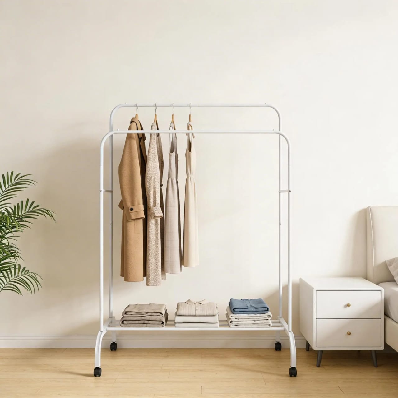 Double Pole Clothing Rack with Wheels and Storage Shelf