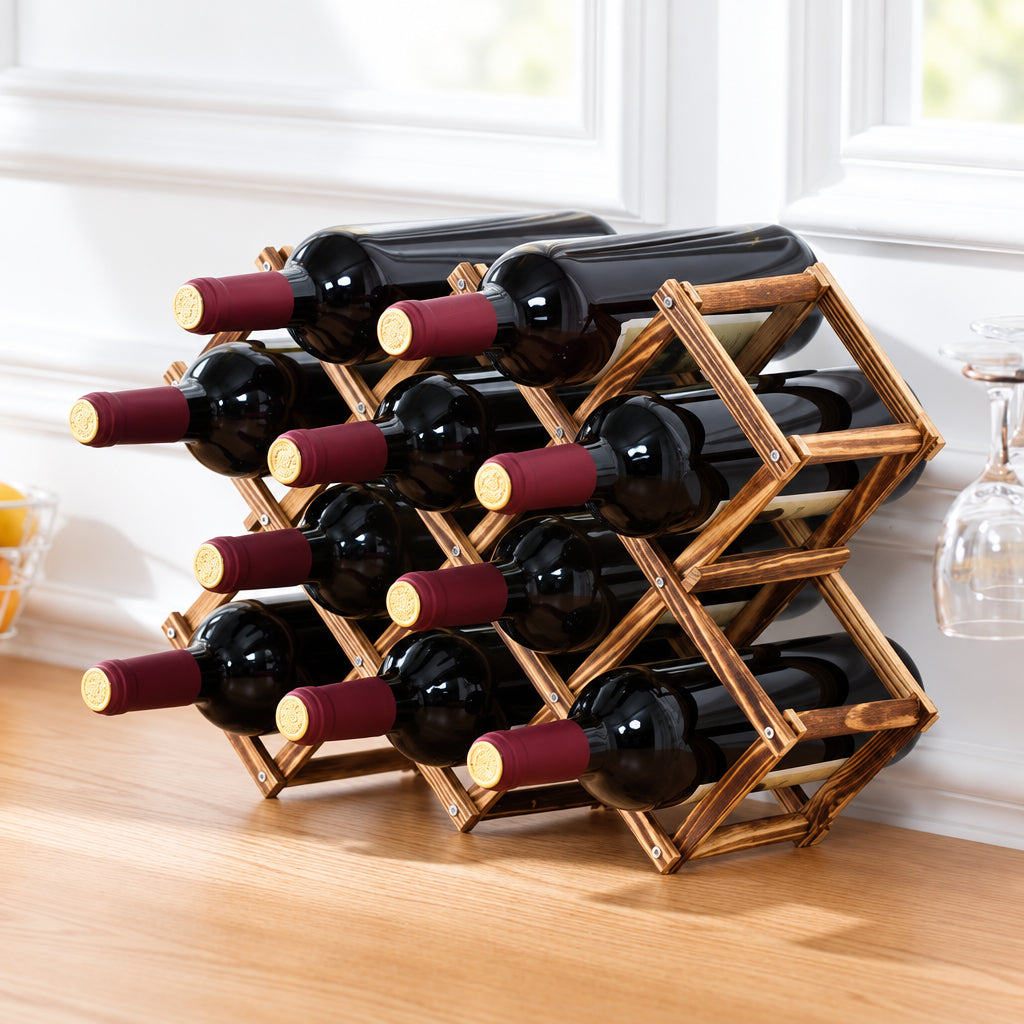 Foldable 10 slot wooden wine bottle rack for stylish wine storage and display