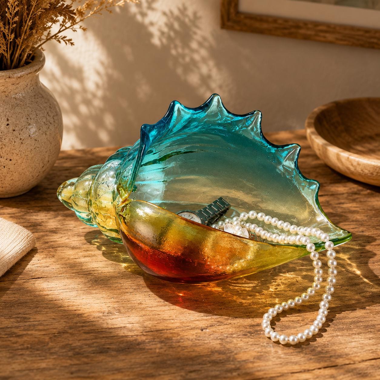 Hand blown glass conch shell storage bowl measuring 27 cm long, ideal for decorative display and stylish home storage.
