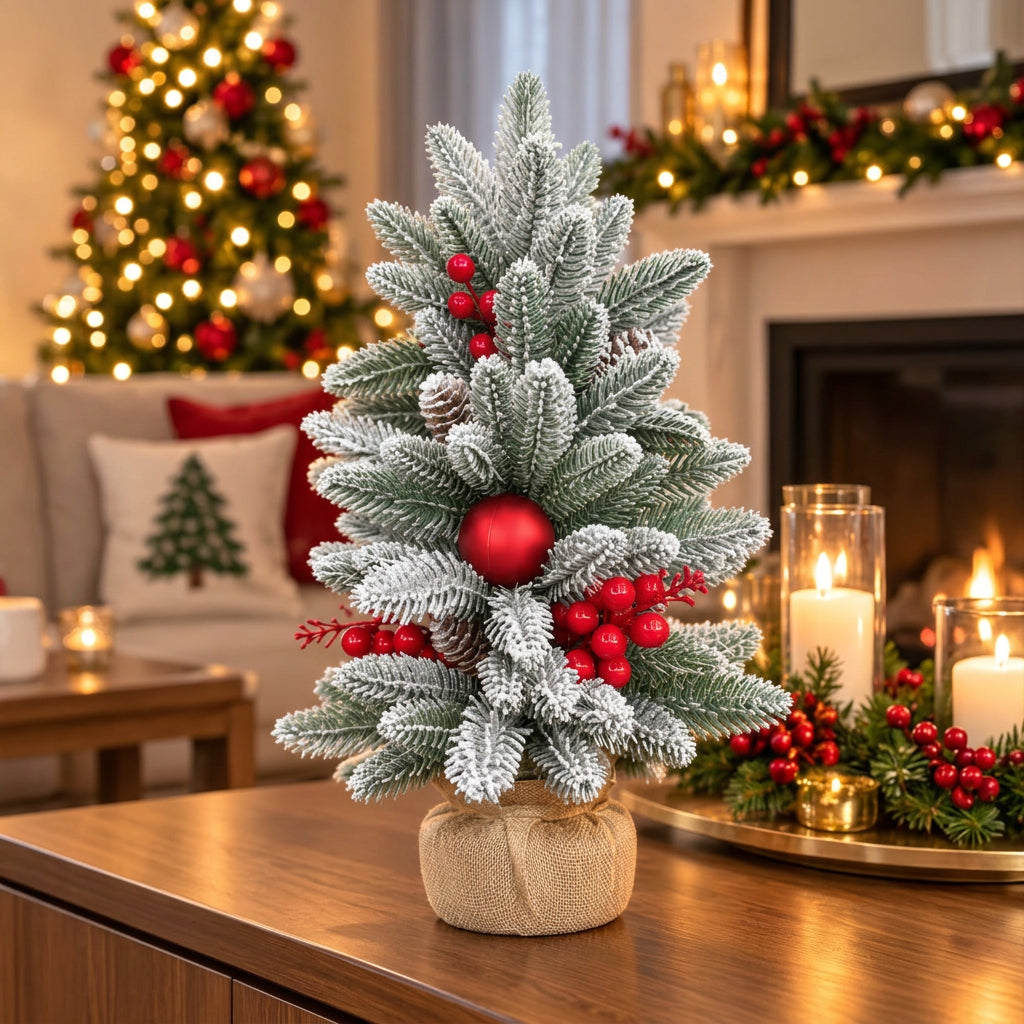 4Pcs Decorated Snow-Dusted Mini Christmas Tree with Red and Gold Ornaments