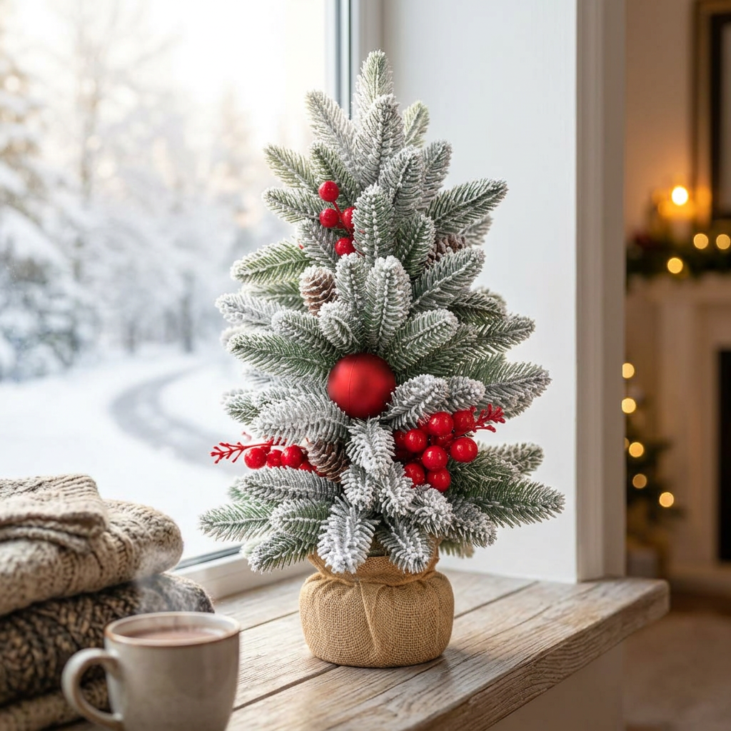 4Pcs Decorated Snow-Dusted Mini Christmas Tree with Red and Gold Ornaments
