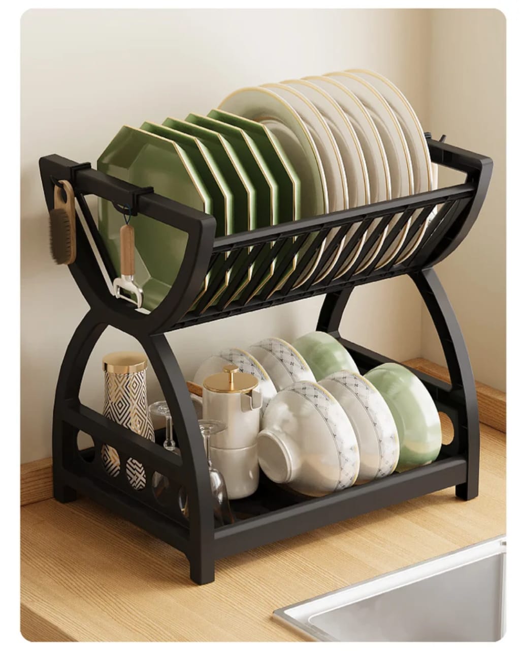 Double sink plastic bowl drain rack for kitchen storage and drying