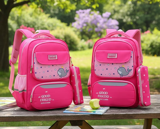 Dolphin themed kids school backpack with pencil pouch, size 28 × 13 × 40 cm, available in multiple colors