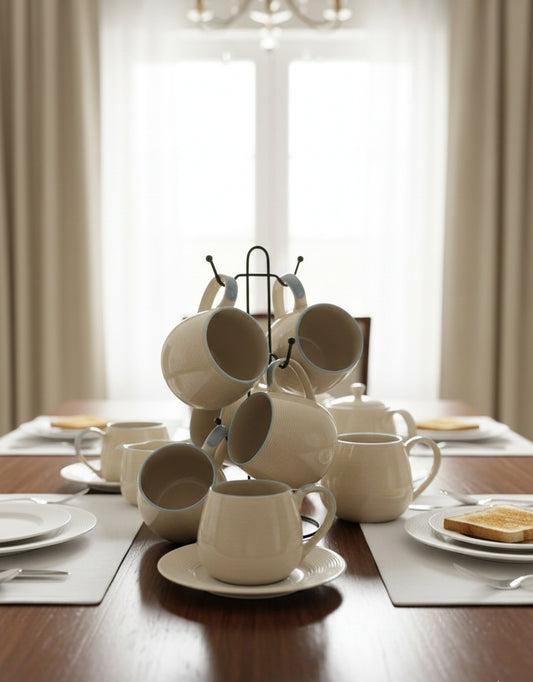 Six solid-design pot mugs in a modern style.