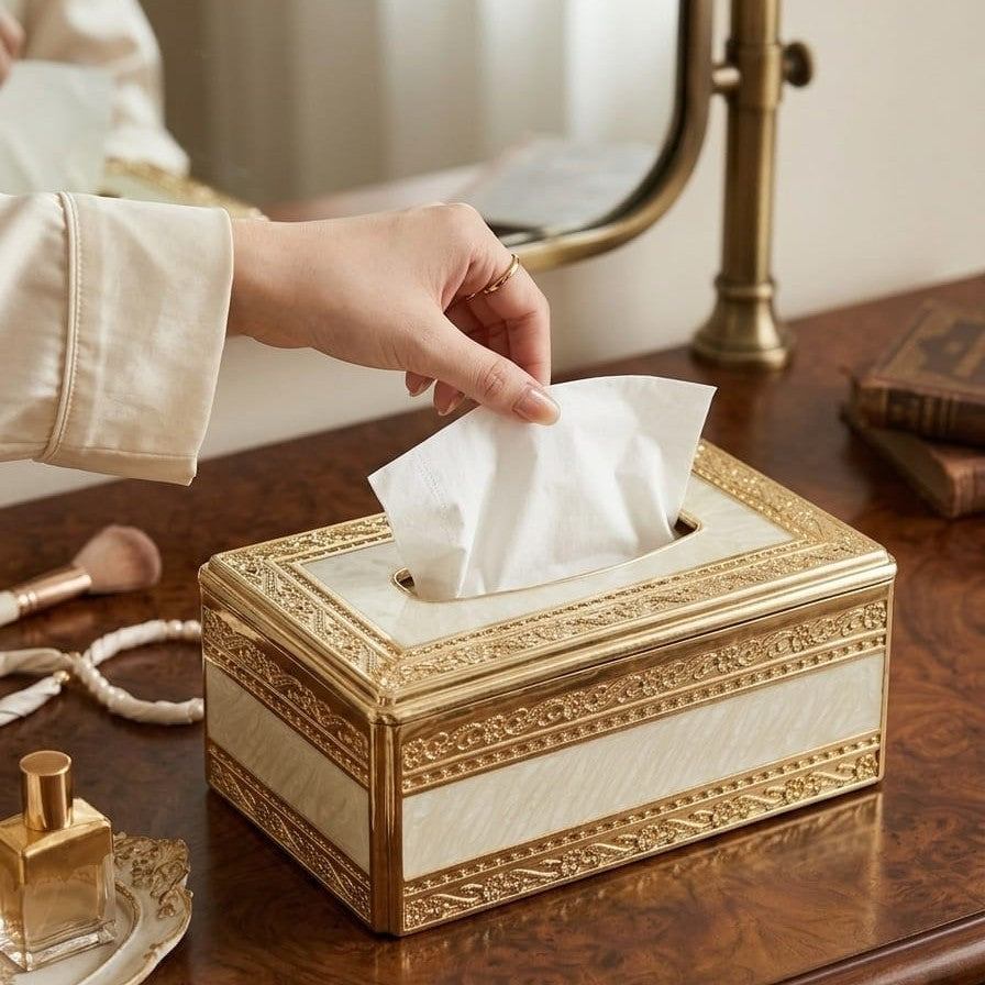 Regency gold trimmed holder in white and gold, elegant organizer for home and office décor