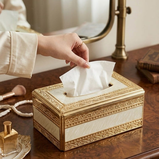 Regency gold trimmed holder in white and gold, elegant organizer for home and office décor