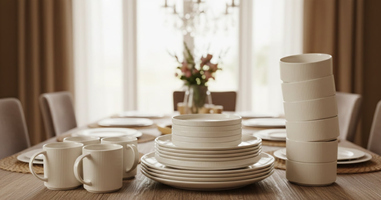 24-Piece dinner set with plates, bowls, and mugs.