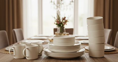 24-Piece dinner set with plates, bowls, and mugs.