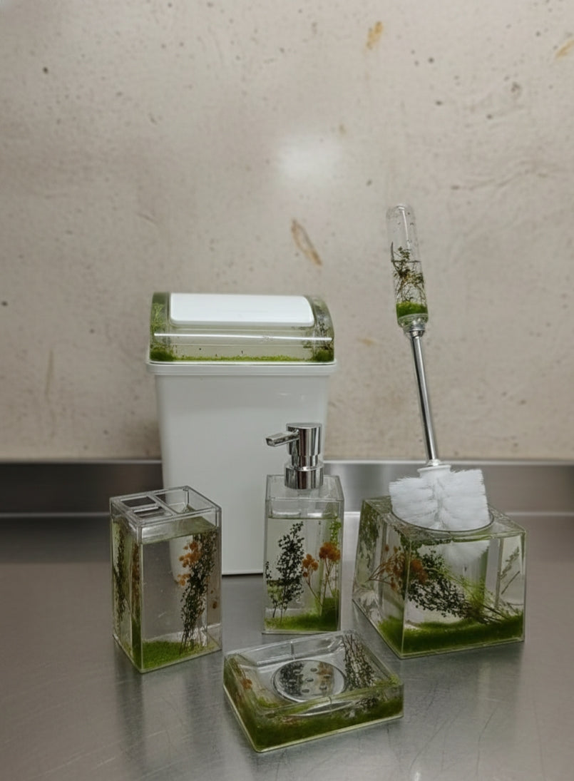Acrylic bathroom accessories set with decorative flowers six piece set.