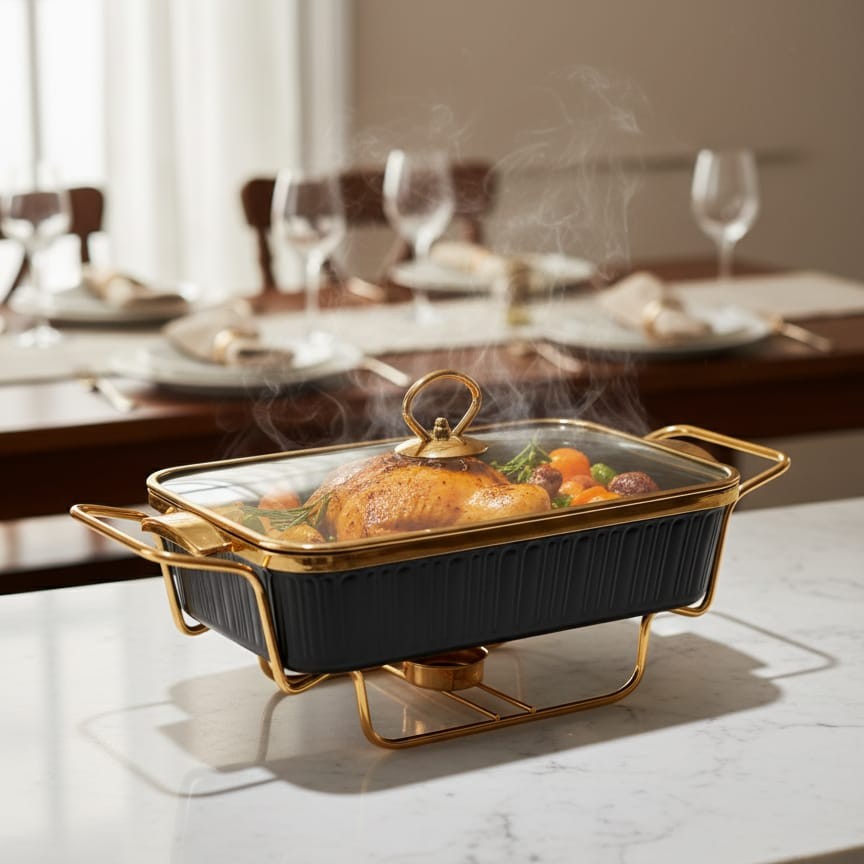 Large black ceramic chafing dish with gold ring