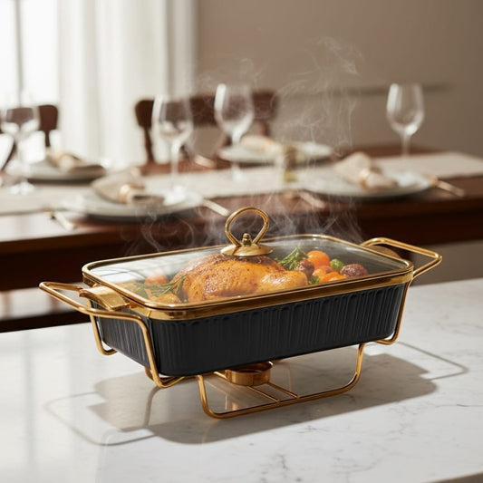 Large black ceramic chafing dish with gold ring