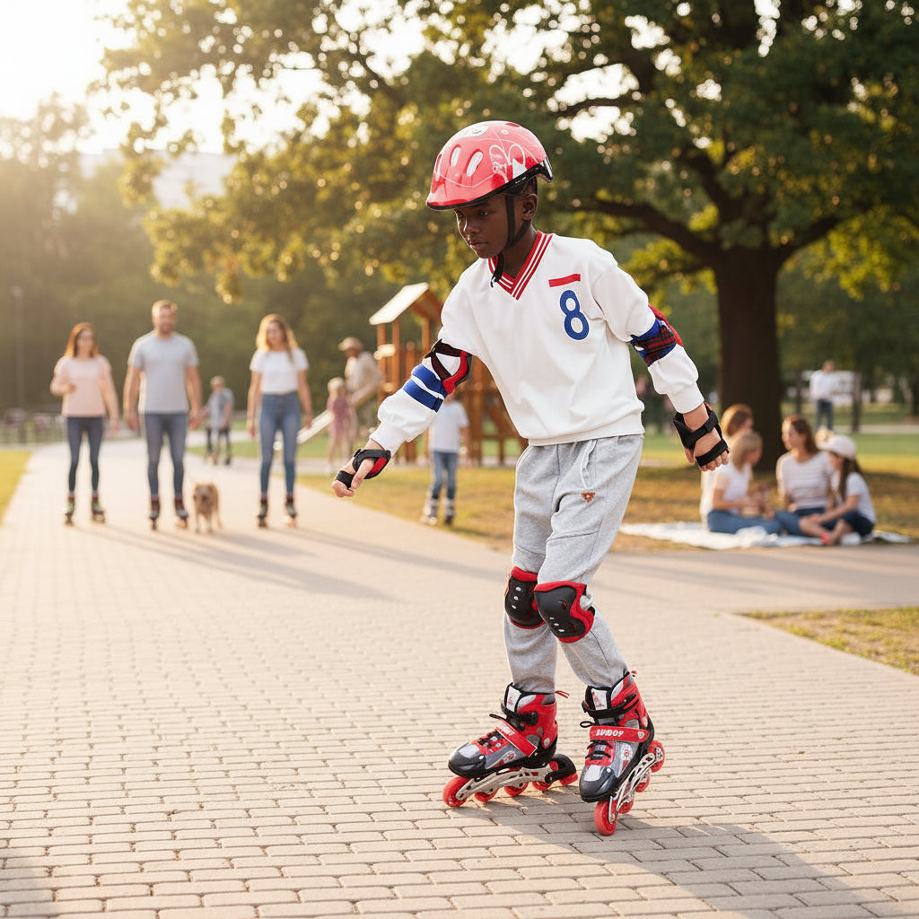 Adjustable inline skates set size 39 to 43 with helmet and protective guards in red, pink and blue