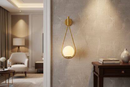 Tall golden wall lamp with white glass shade, elegant E27 indoor decorative lighting fixture