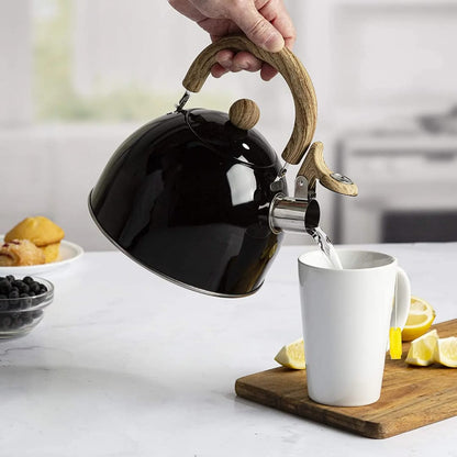 British style 2.5L whistling kettle available in green, off white, and black colors. 