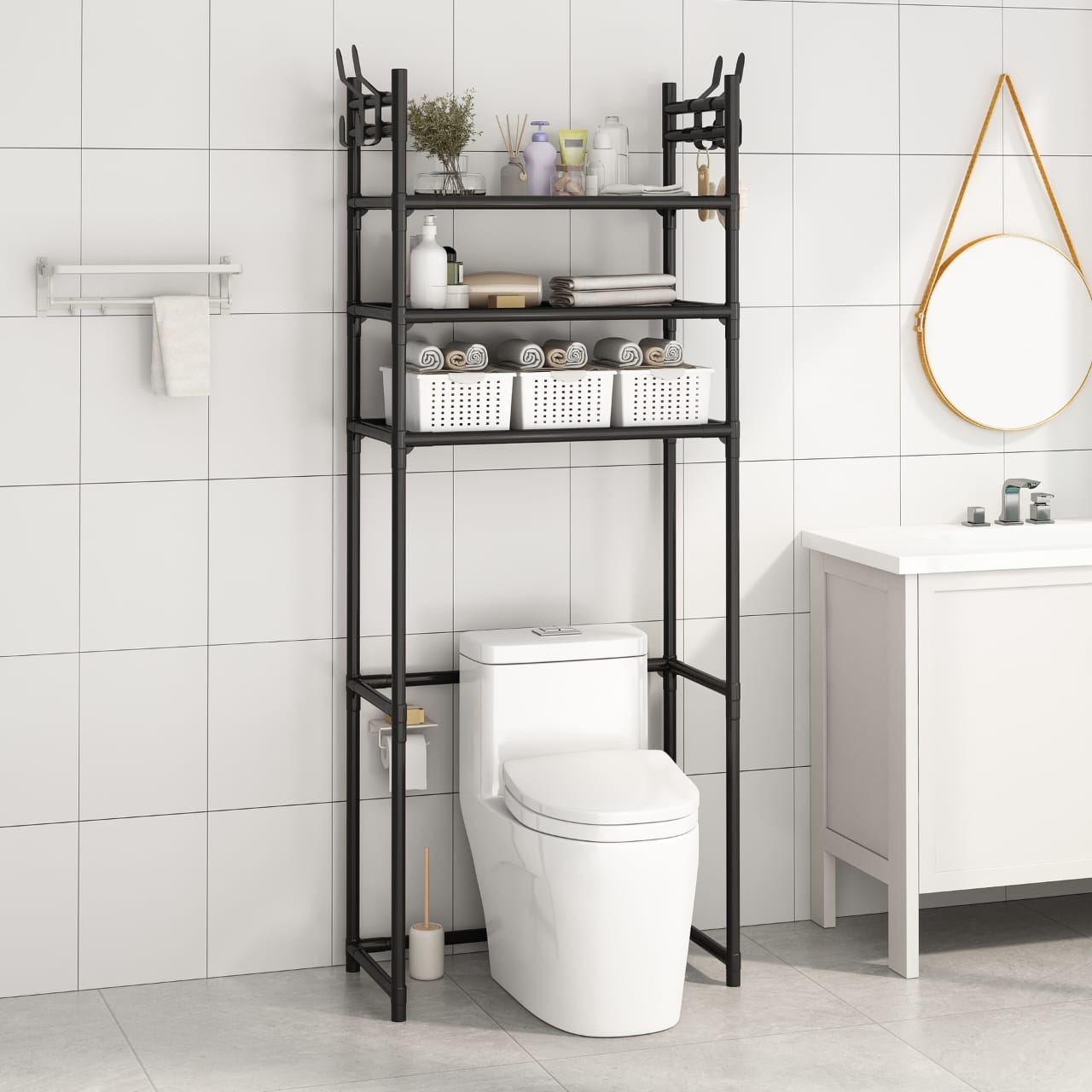 Black multi-layer over the toilet organizer shelf rack