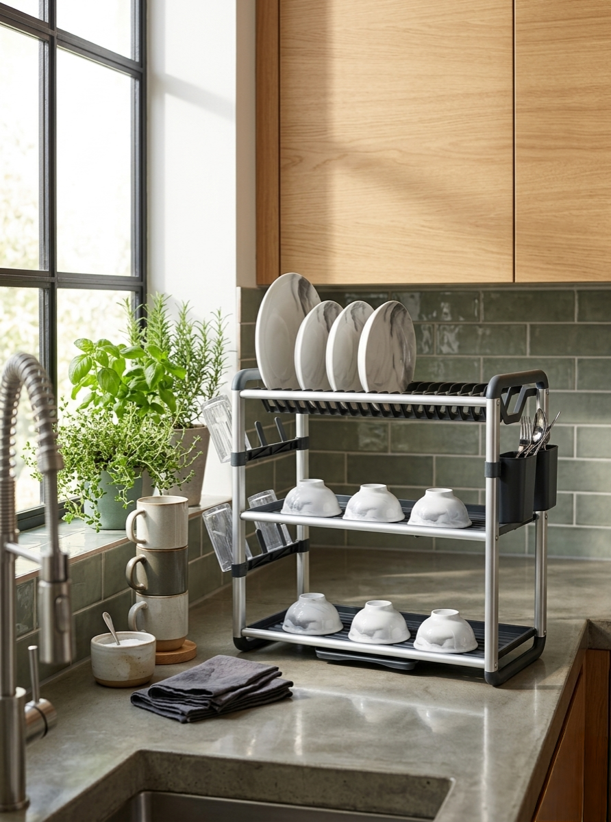 3 Tier aluminium dish drying rack with drainer board utensil holder and cup holder in gold finish