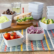 White 4-inch ceramic square bowl for serving snacks, desserts, and side dishes.