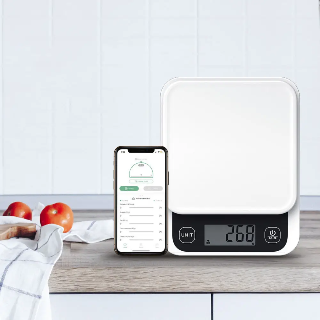 Bluetooth digital kitchen weighing scale with app support, smart food scale powered by AA batteries.
