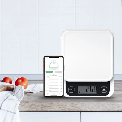 Bluetooth digital kitchen weighing scale with app support, smart food scale powered by AA batteries.